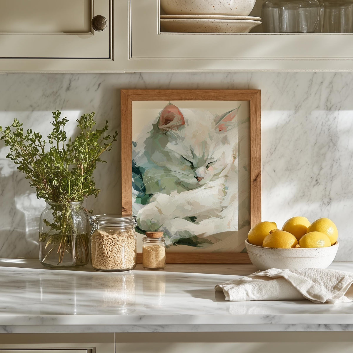 Sleeping White Cat animal art print shown in a room setting