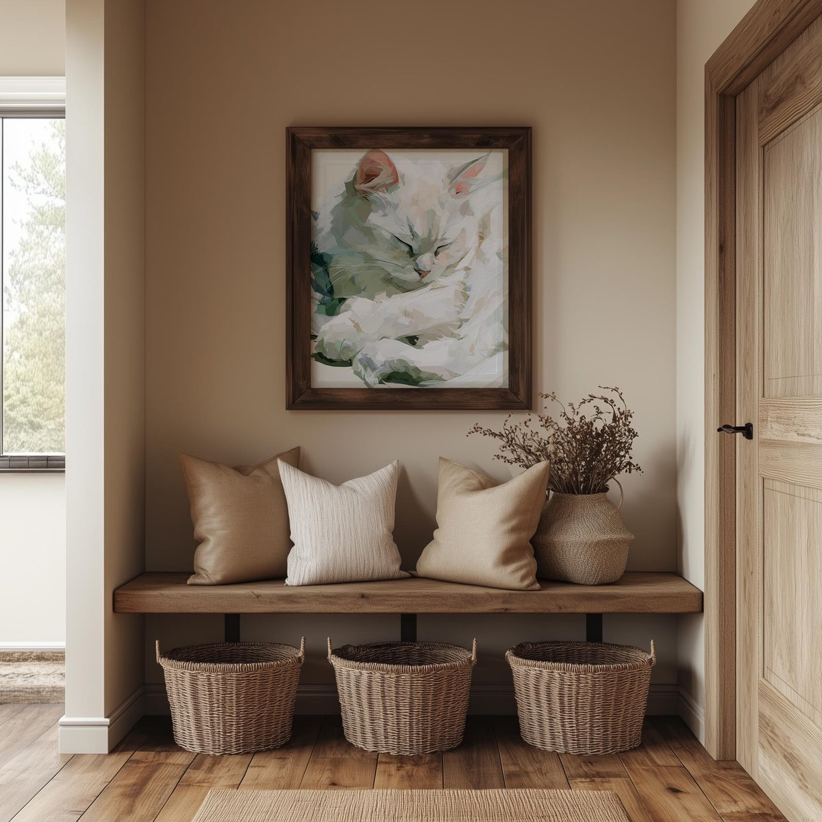 Sleeping White Cat animal art print shown in a room setting