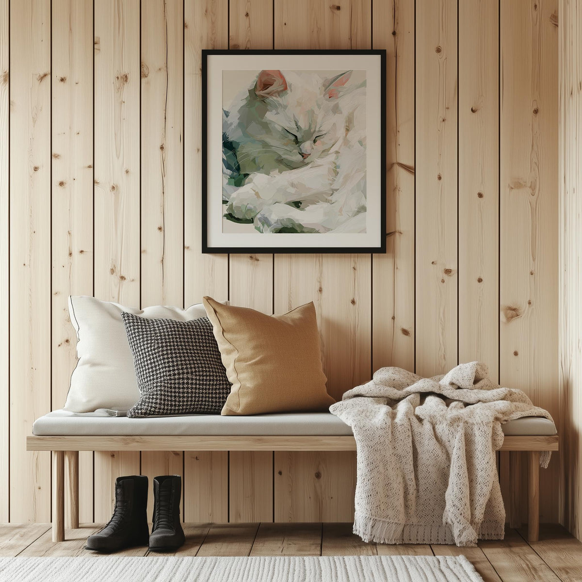 Sleeping White Cat animal art print shown in a room setting