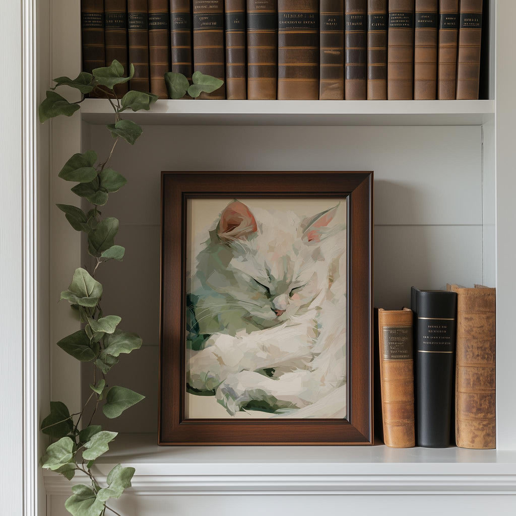 Sleeping White Cat animal art print shown in a room setting