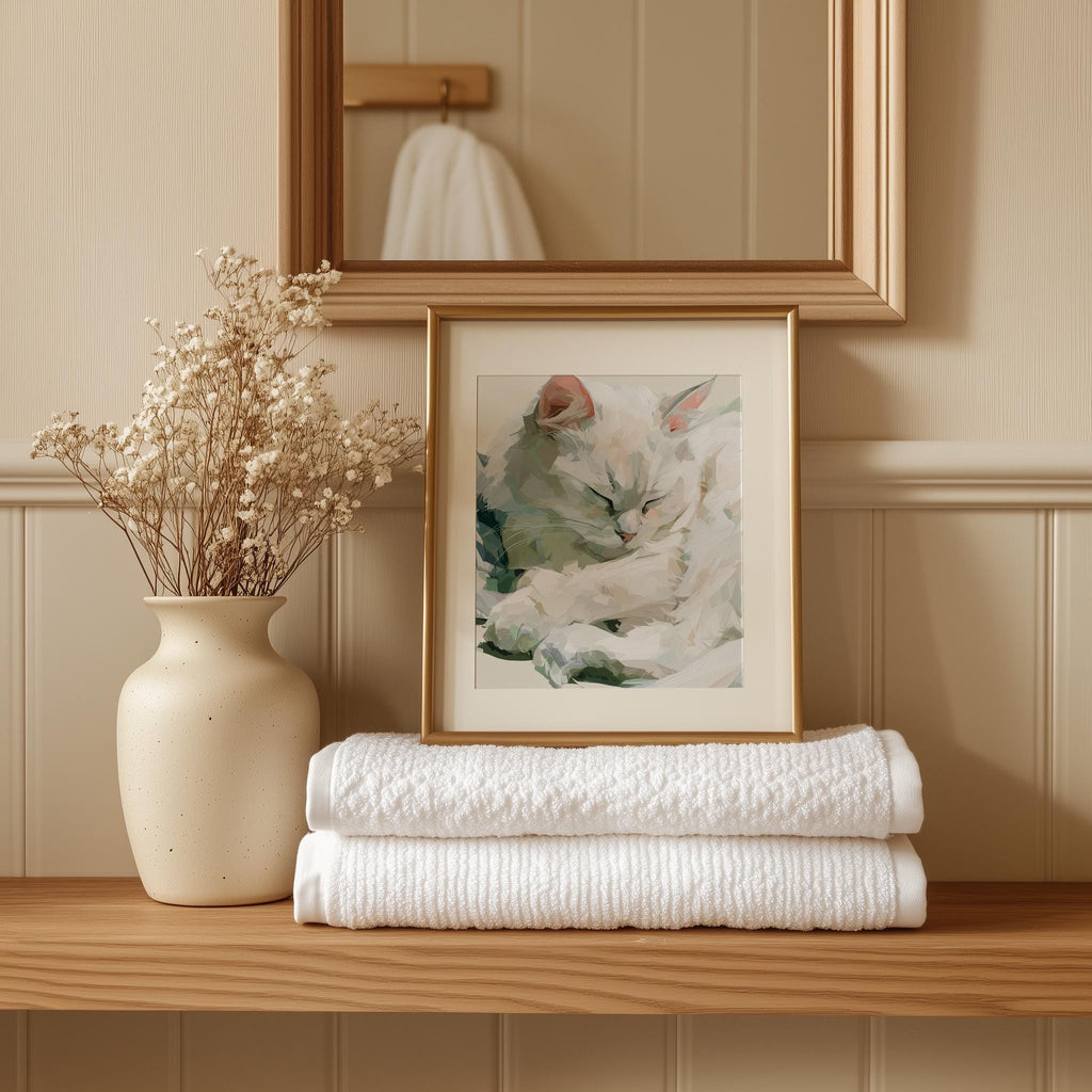 Sleeping White Cat animal art print shown in a room setting
