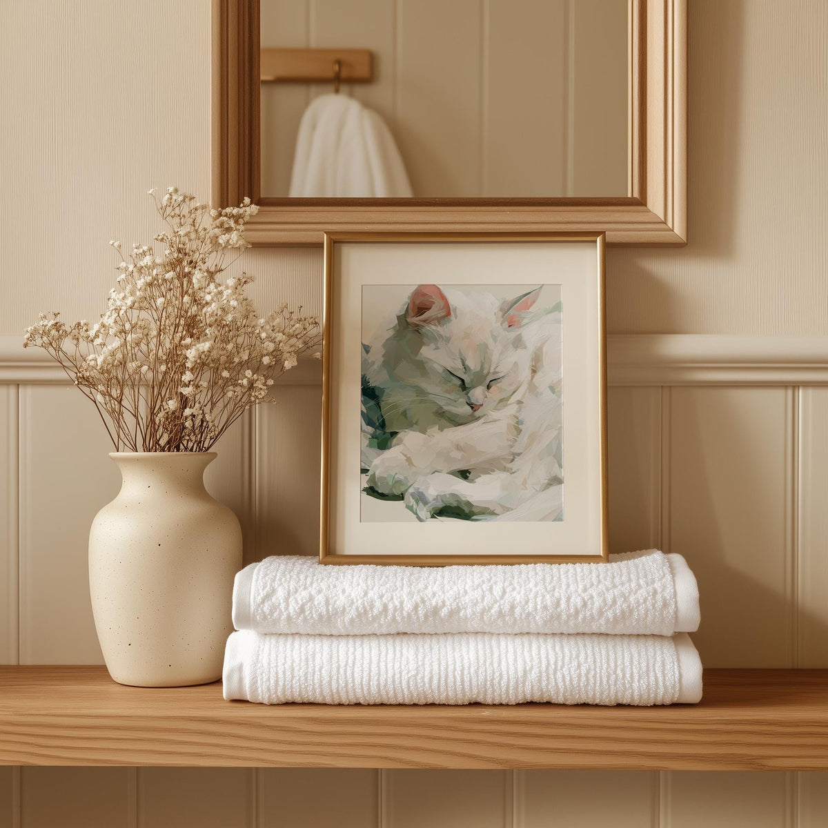 Sleeping White Cat animal art print shown in a room setting