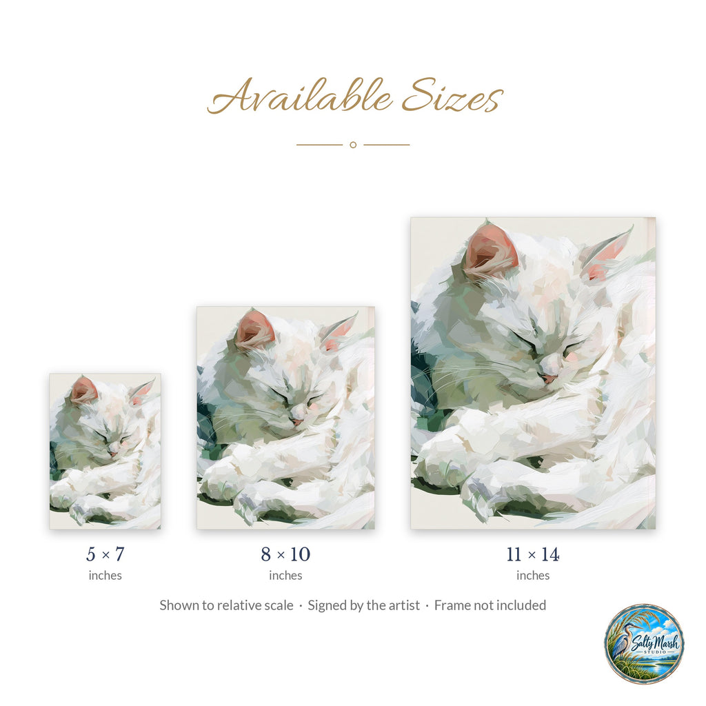 Sleeping White Cat art print size guide: 5x7, 8x10 and 11x14