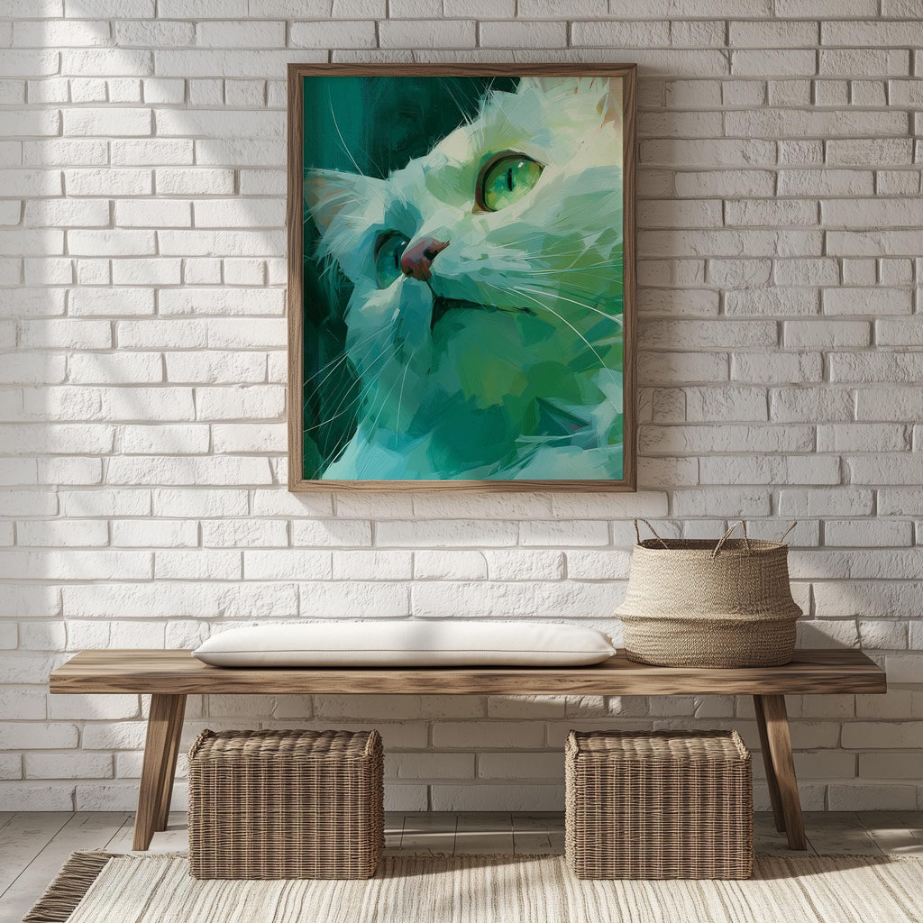 Teal Cat animal art print shown in a room setting