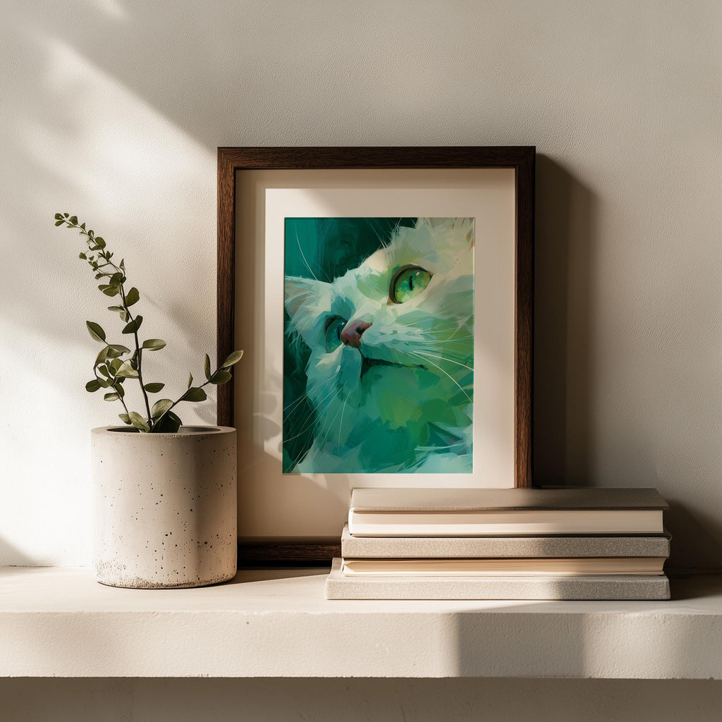 Teal Cat animal art print shown in a room setting