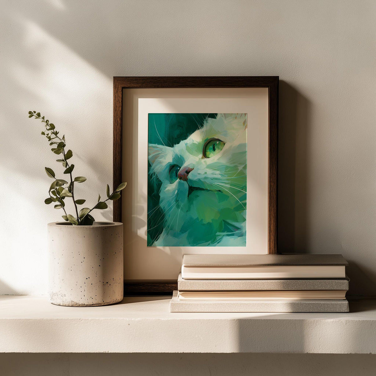 Teal Cat animal art print shown in a room setting