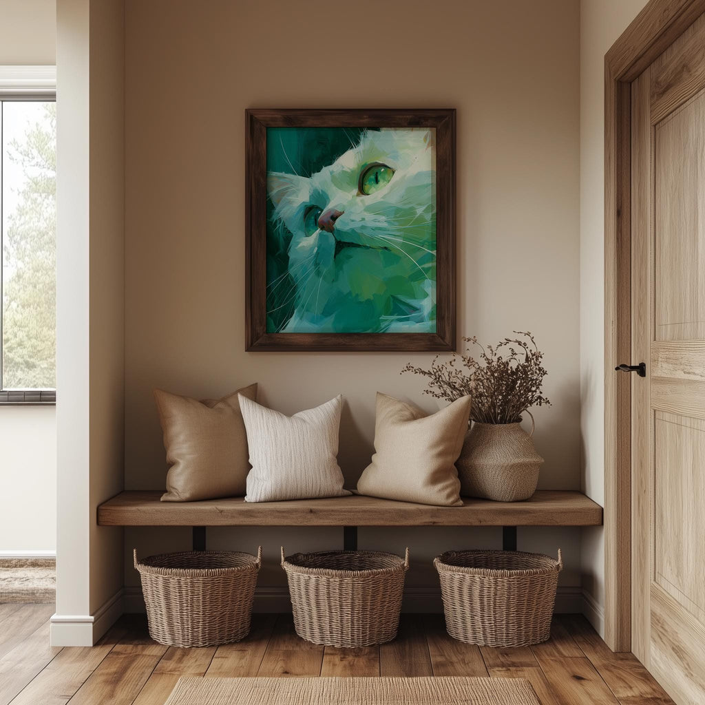 Teal Cat animal art print shown in a room setting