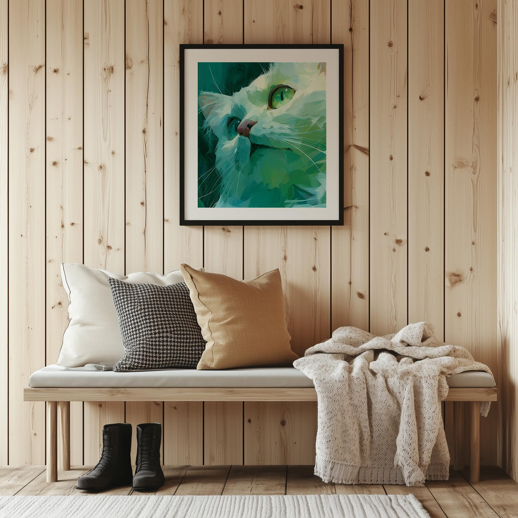 Teal Cat animal art print shown in a room setting