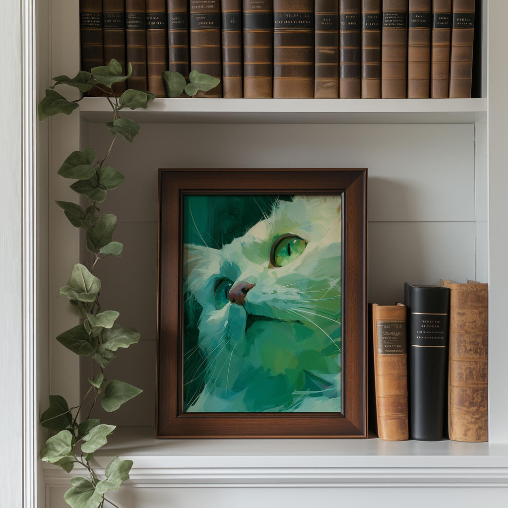 Teal Cat animal art print shown in a room setting