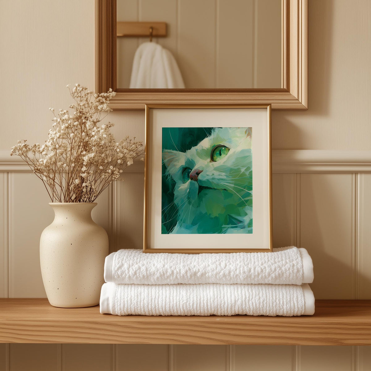 Teal Cat animal art print shown in a room setting