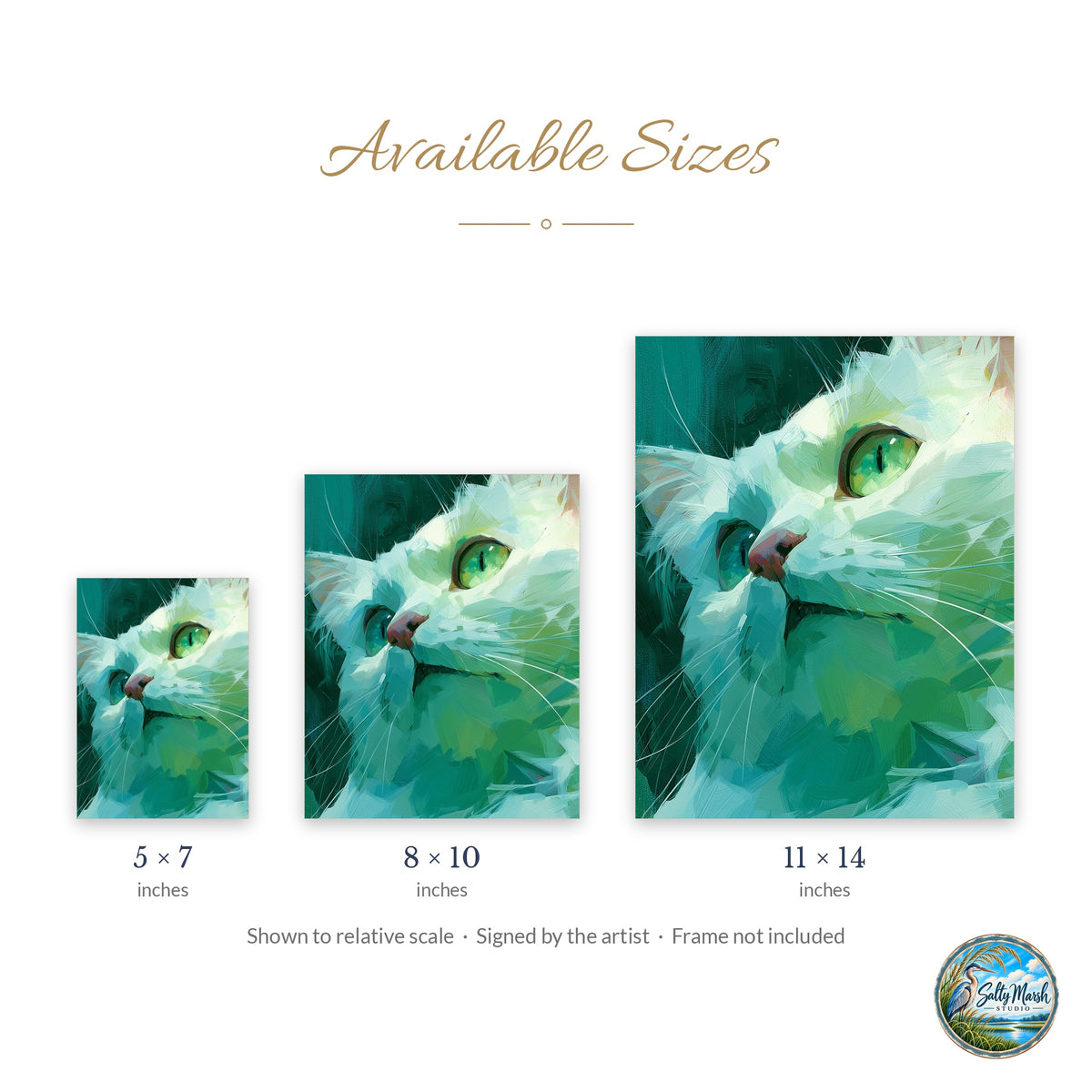 Teal Cat art print size guide: 5x7, 8x10 and 11x14