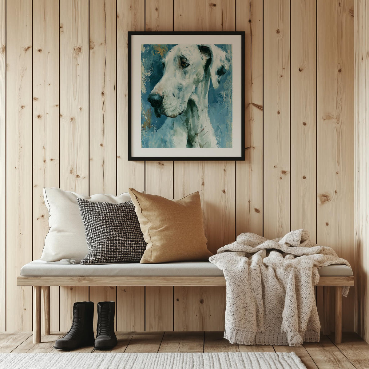Great Dane animal art print shown in a room setting