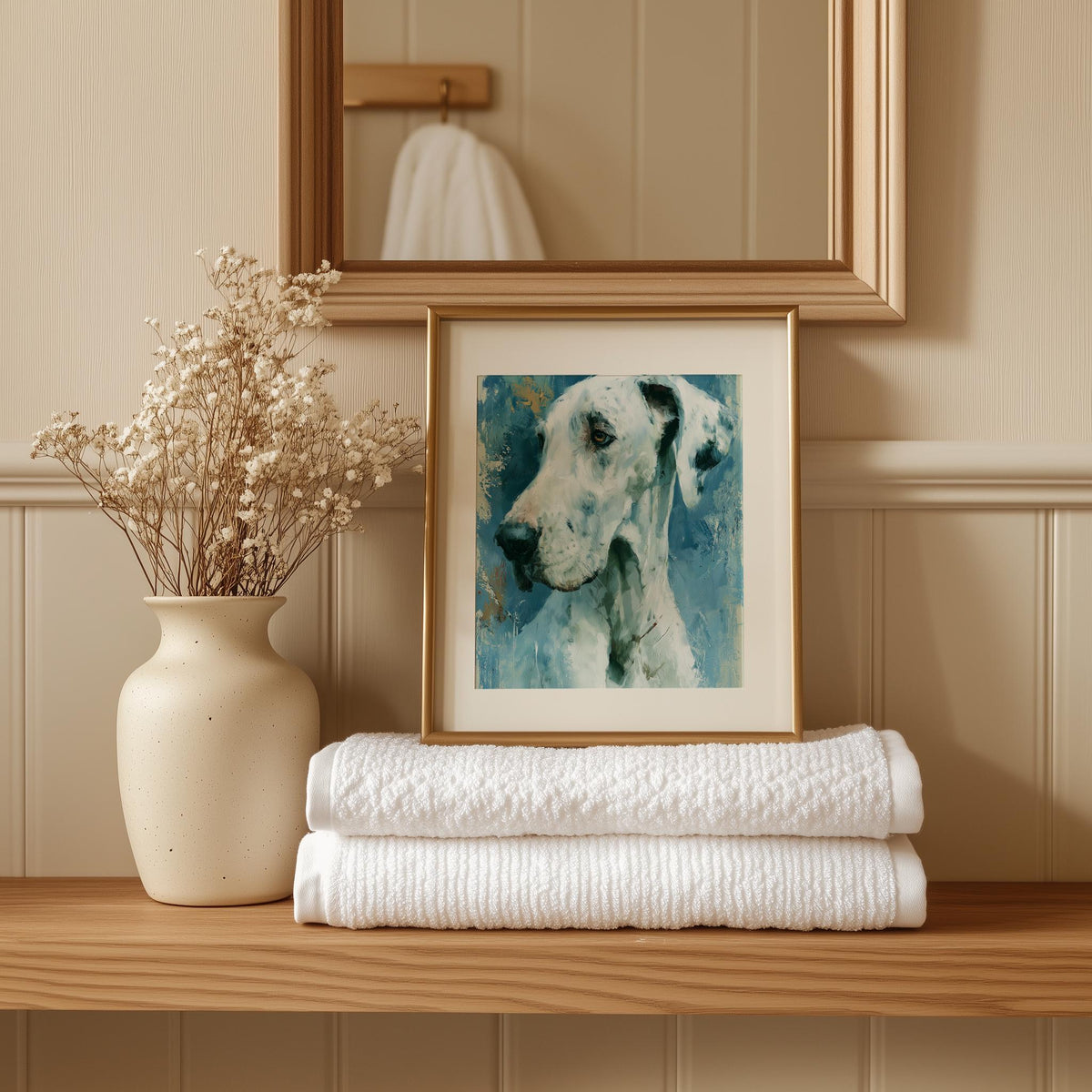 Great Dane animal art print shown in a room setting