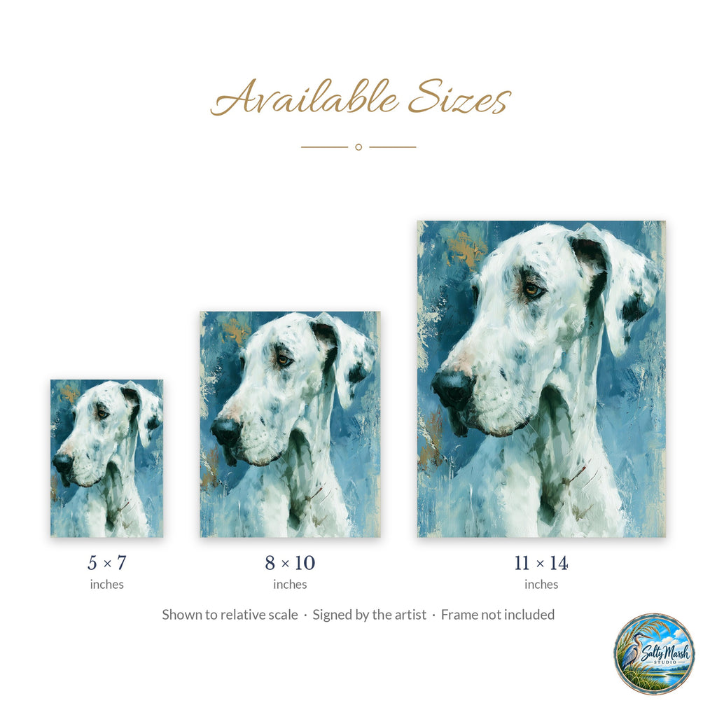 Great Dane art print size guide: 5x7, 8x10 and 11x14