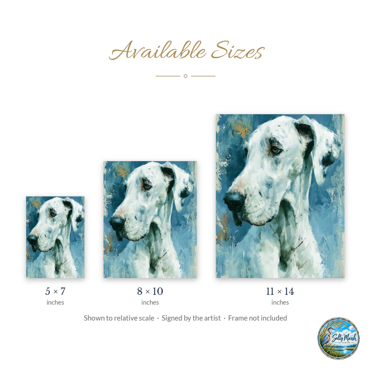 Great Dane art print size guide: 5x7, 8x10 and 11x14
