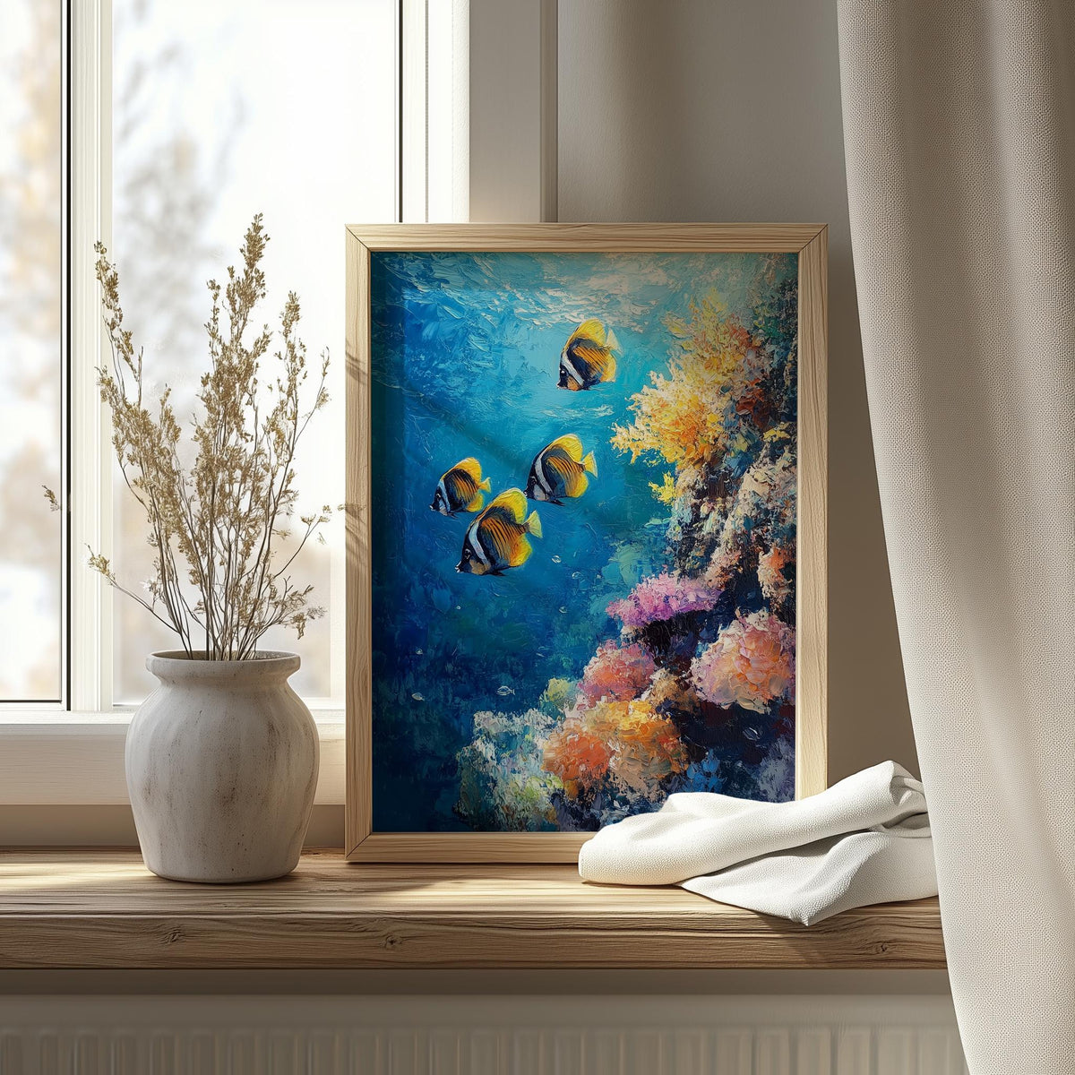 Coral Reef animal art print shown in a room setting