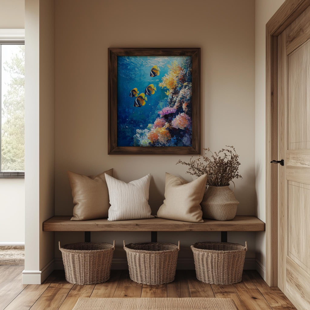 Coral Reef animal art print shown in a room setting