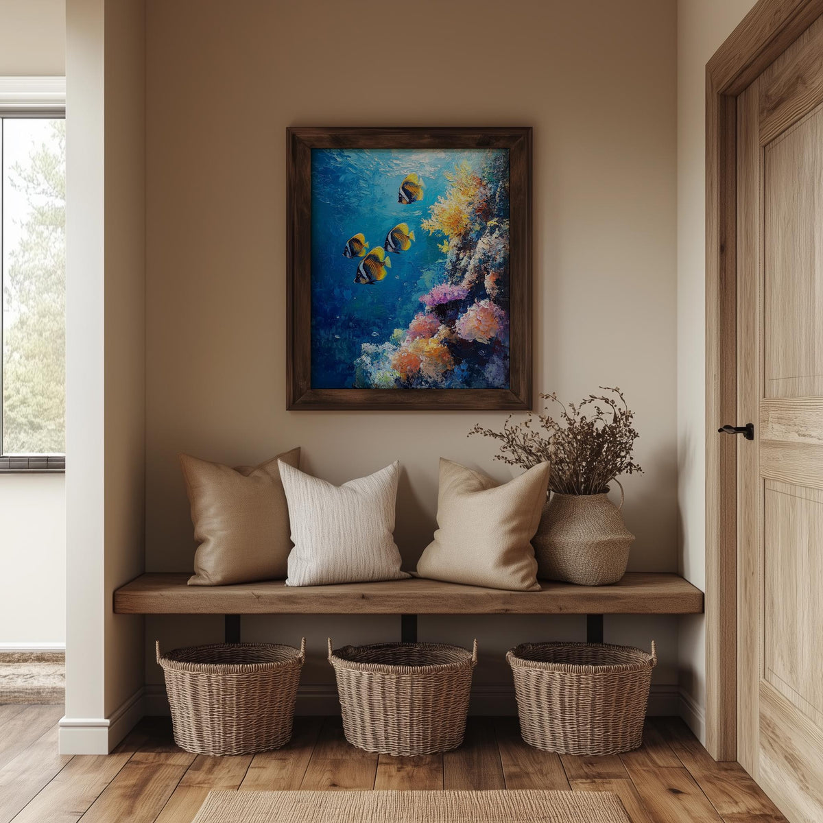 Coral Reef animal art print shown in a room setting