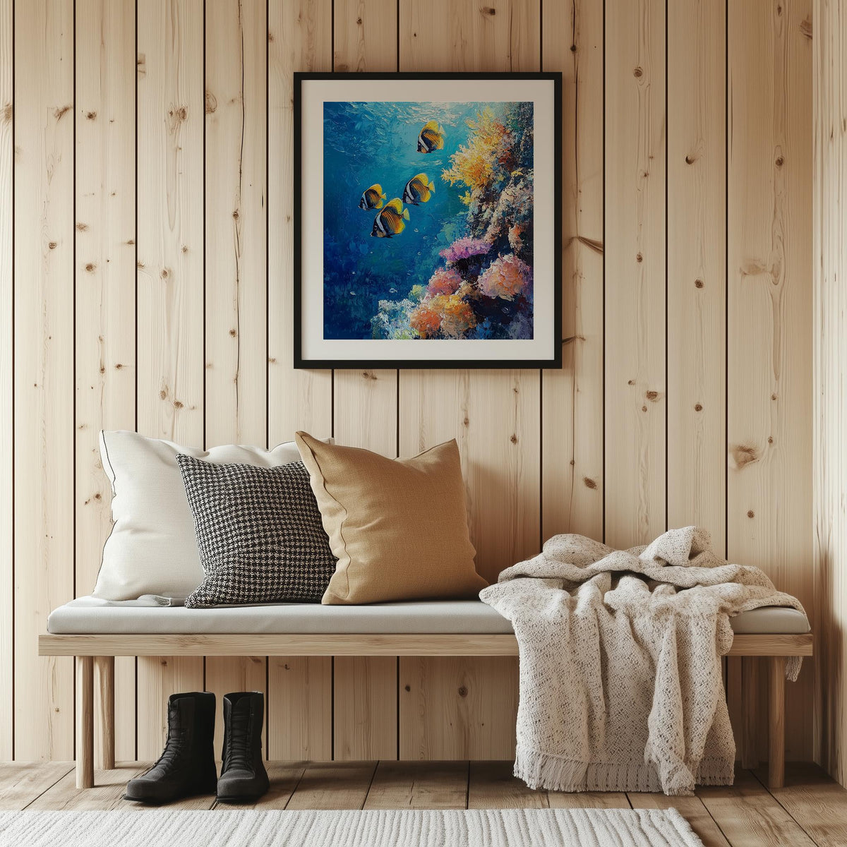 Coral Reef animal art print shown in a room setting