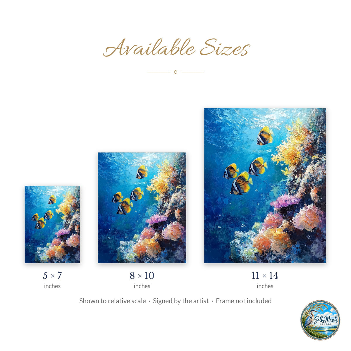 Coral Reef art print size guide: 5x7, 8x10 and 11x14