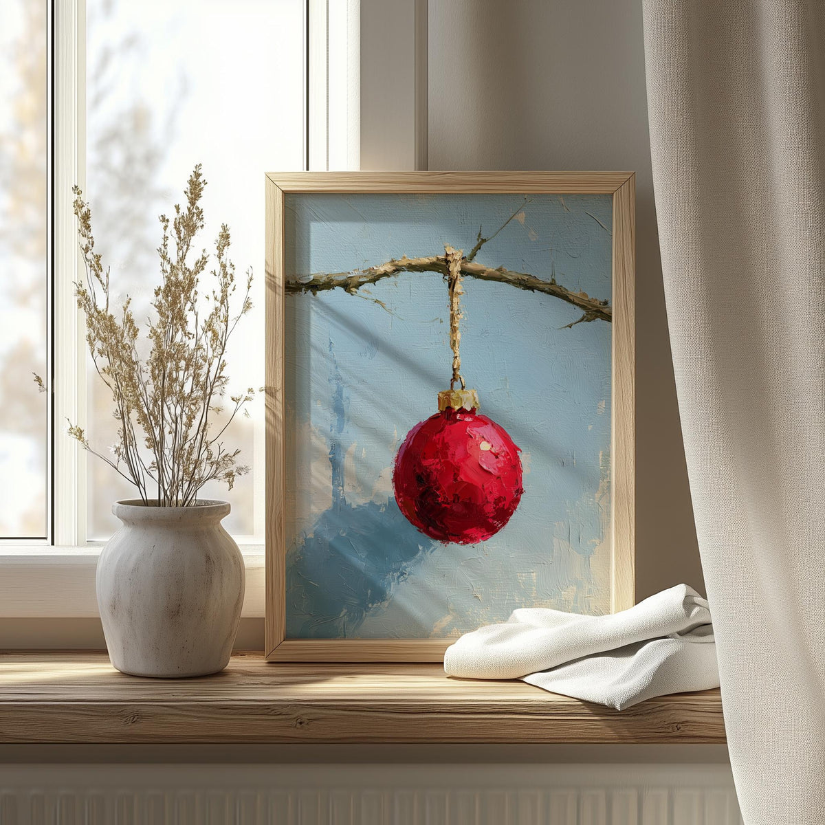 Red Bulb Twig Christmas art print shown in a room setting