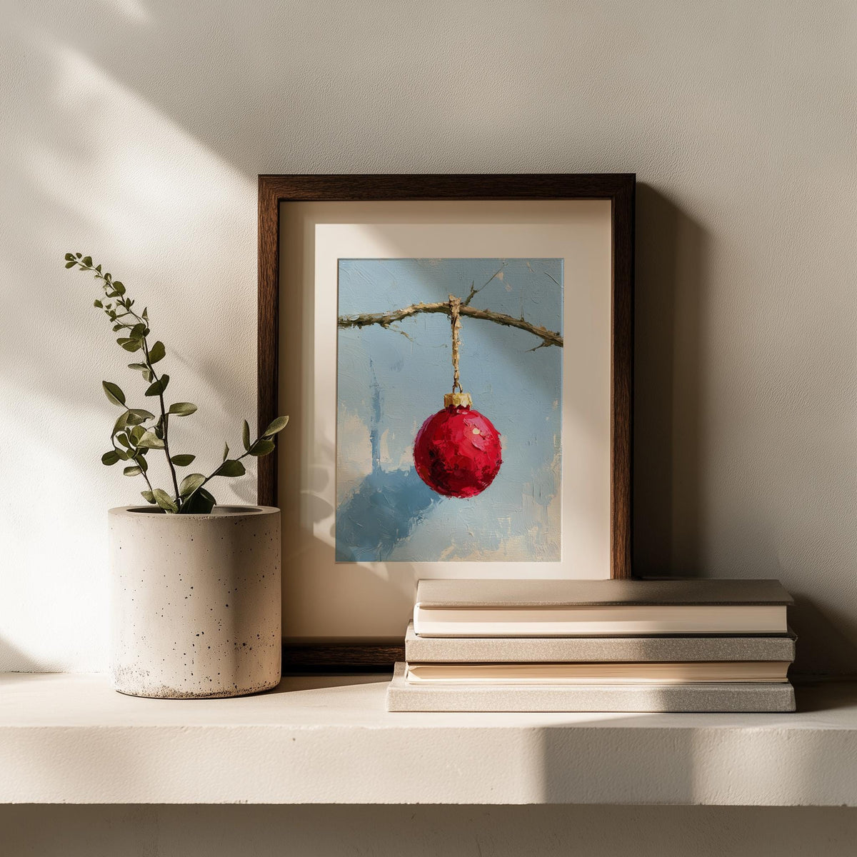 Red Bulb Twig Christmas art print shown in a room setting