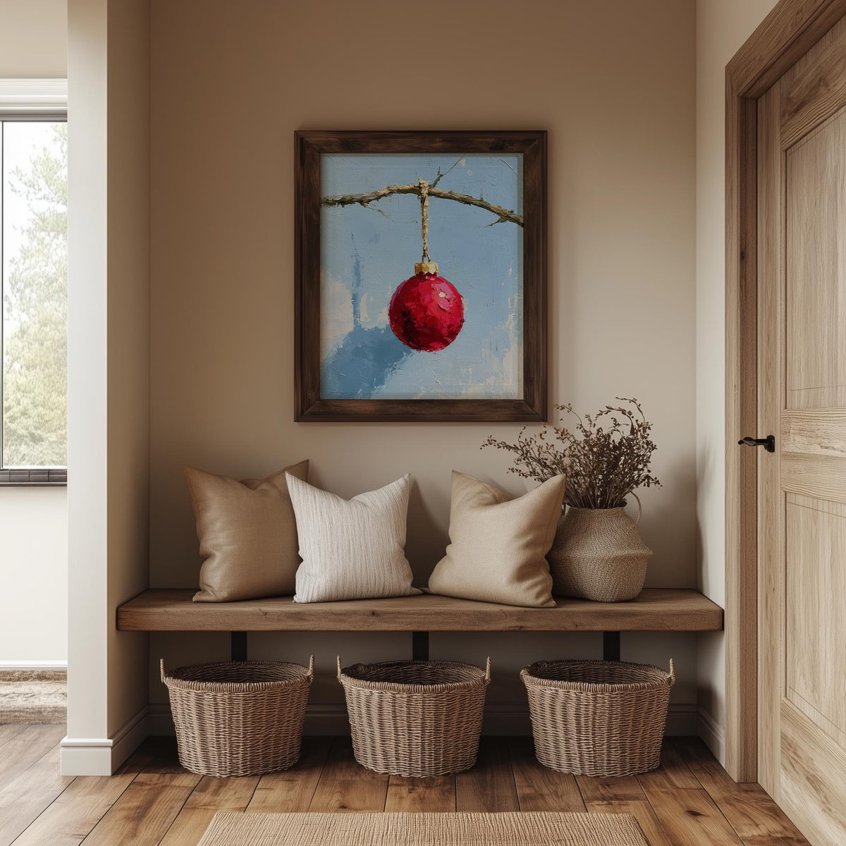 Red Bulb Twig Christmas art print shown in a room setting