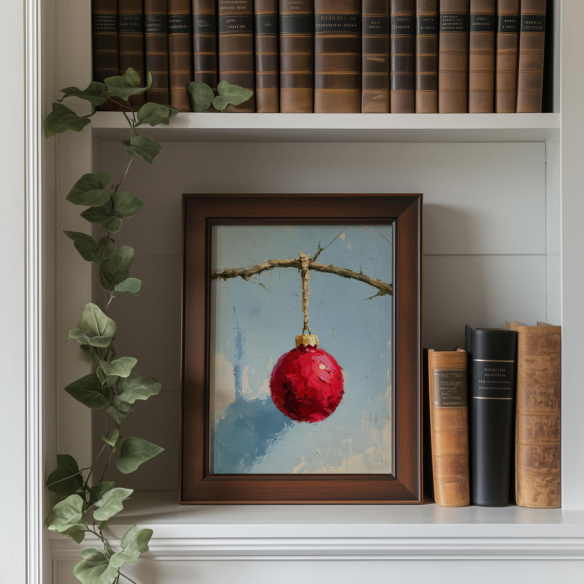 Red Bulb Twig Christmas art print shown in a room setting