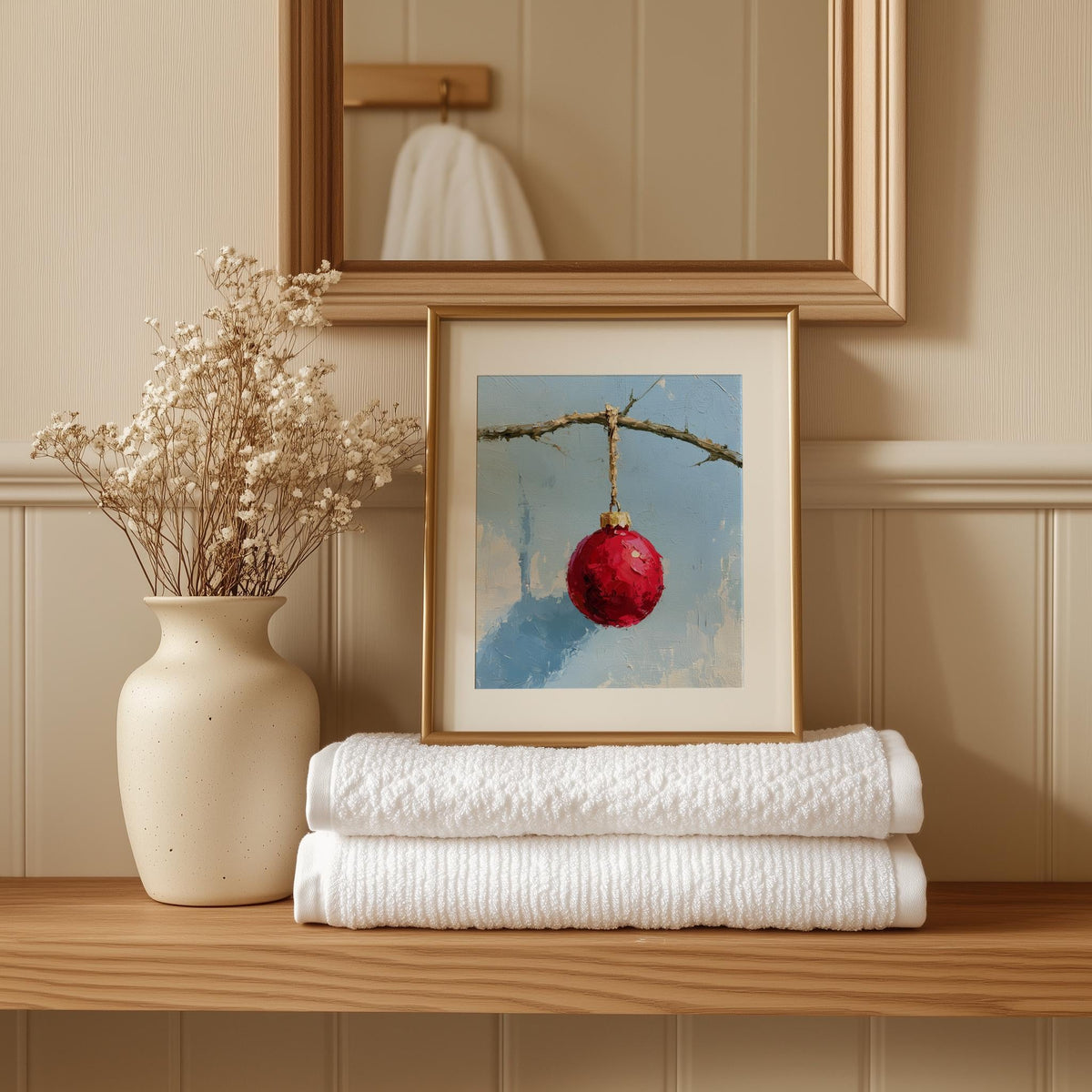 Red Bulb Twig Christmas art print shown in a room setting