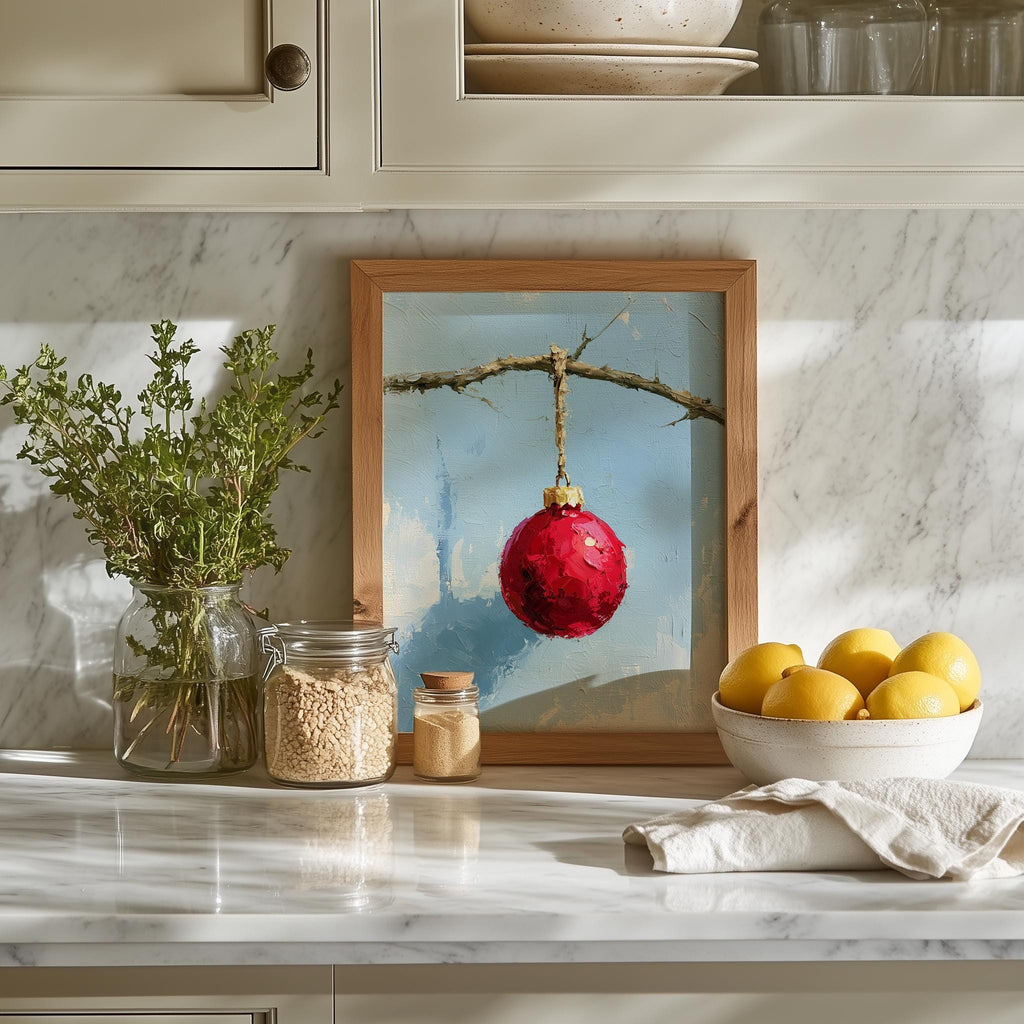 Red Bulb Twig Christmas art print shown in a room setting