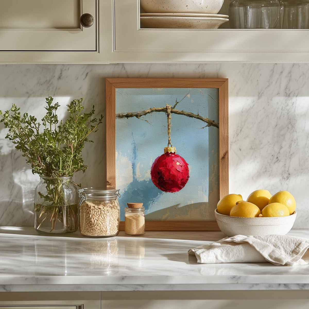 Red Bulb Twig Christmas art print shown in a room setting