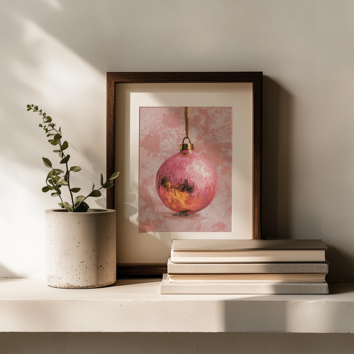 Pink Bulb Christmas art print shown in a room setting