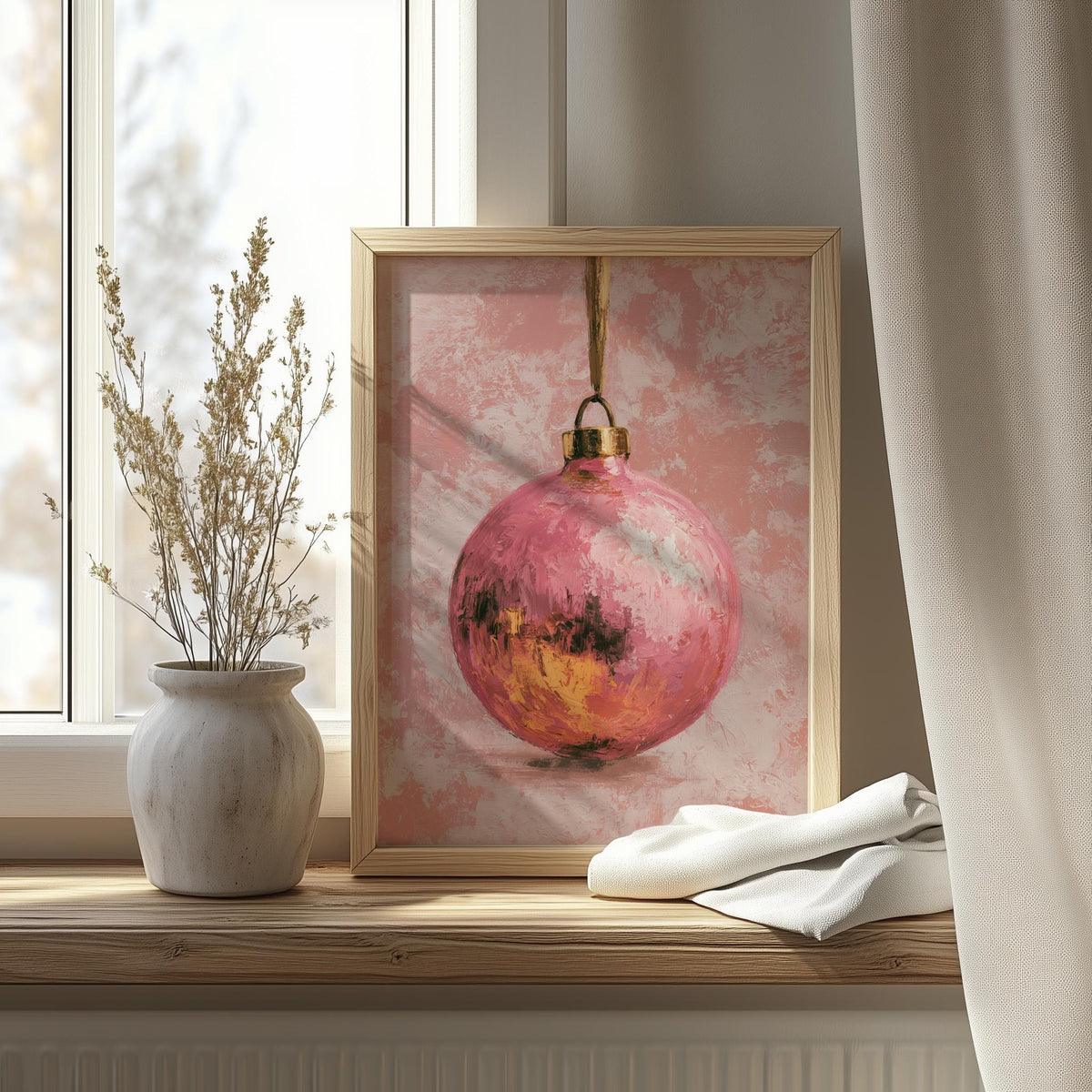 Pink Bulb Christmas art print shown in a room setting