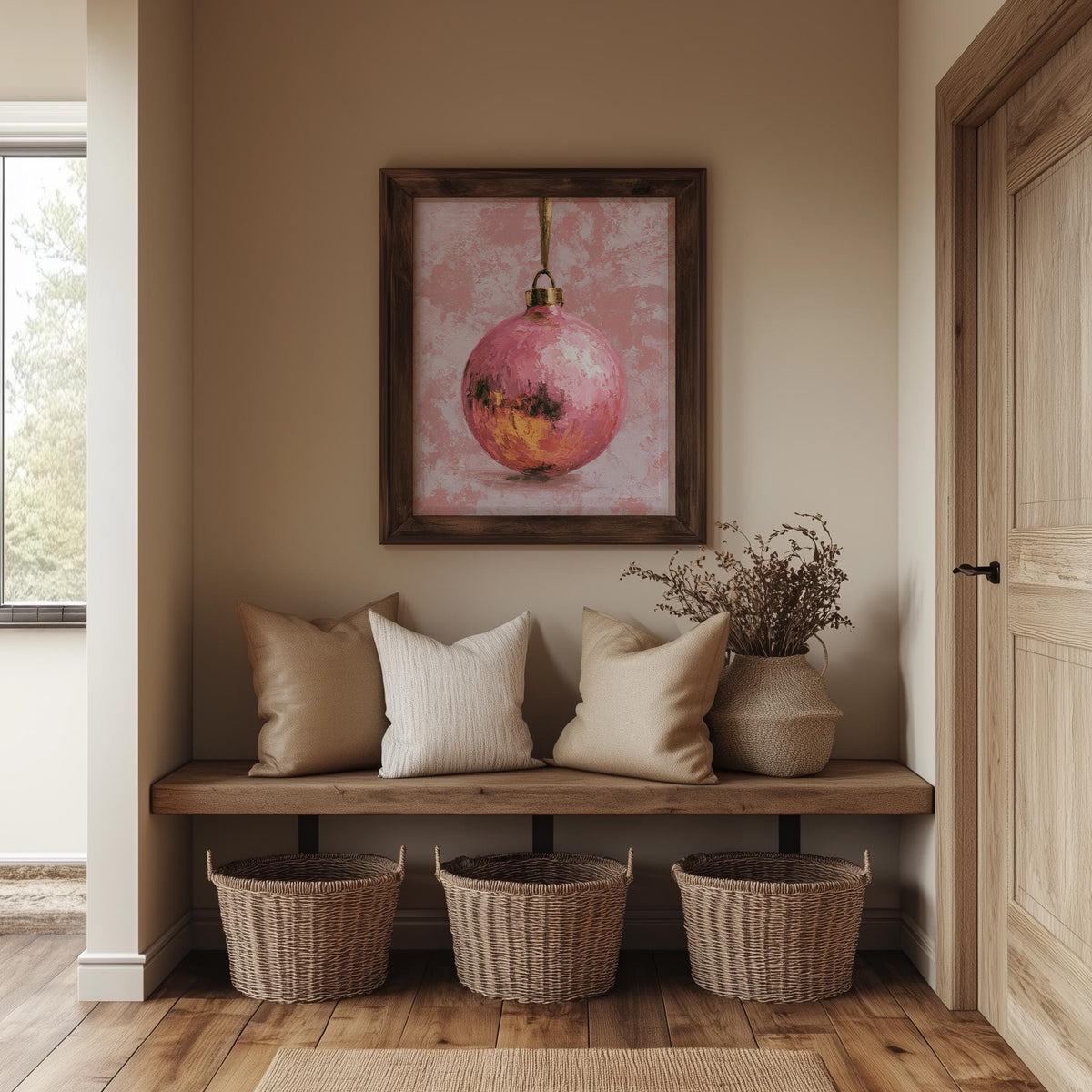 Pink Bulb Christmas art print shown in a room setting