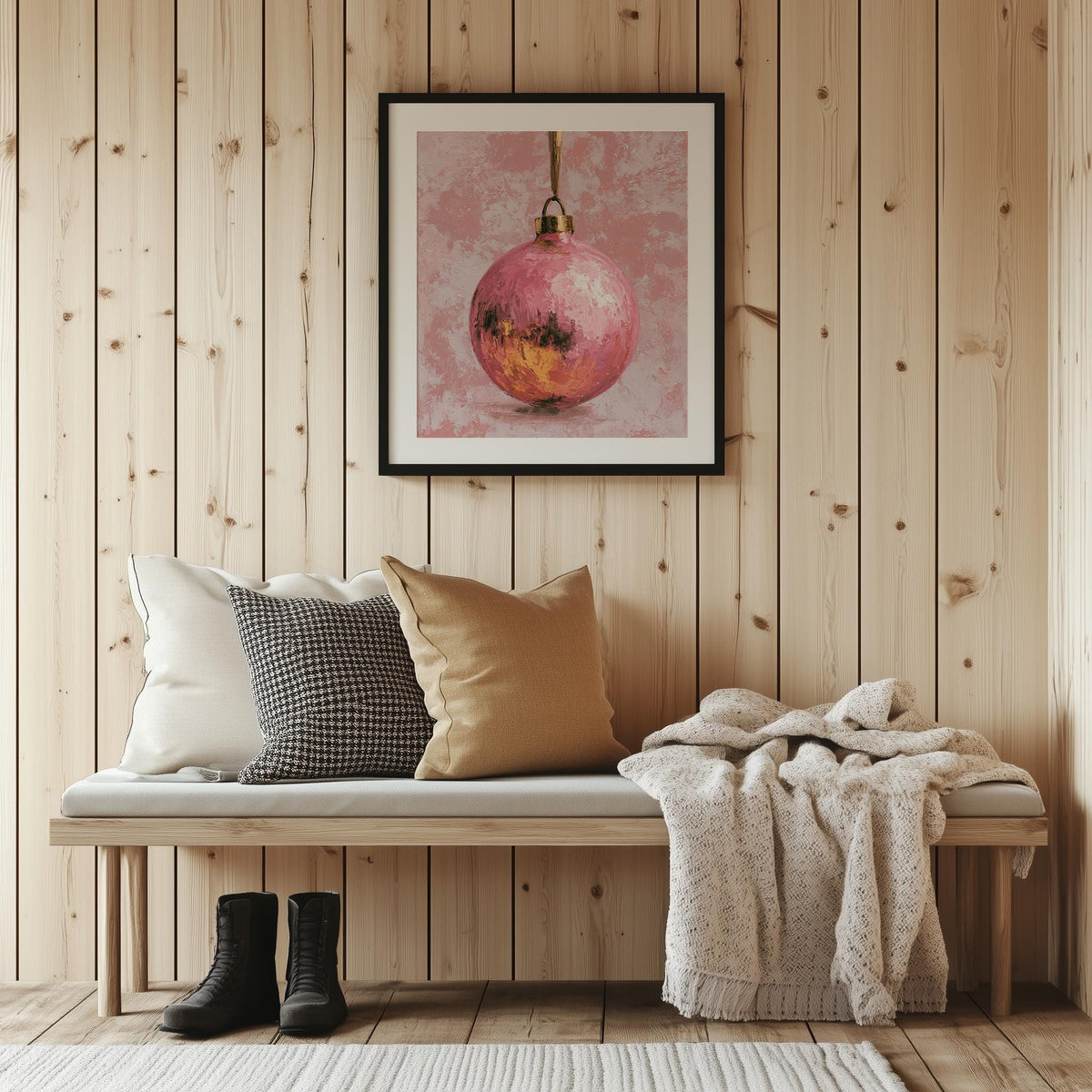 Pink Bulb Christmas art print shown in a room setting
