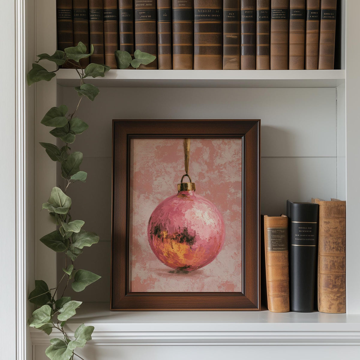 Pink Bulb Christmas art print shown in a room setting