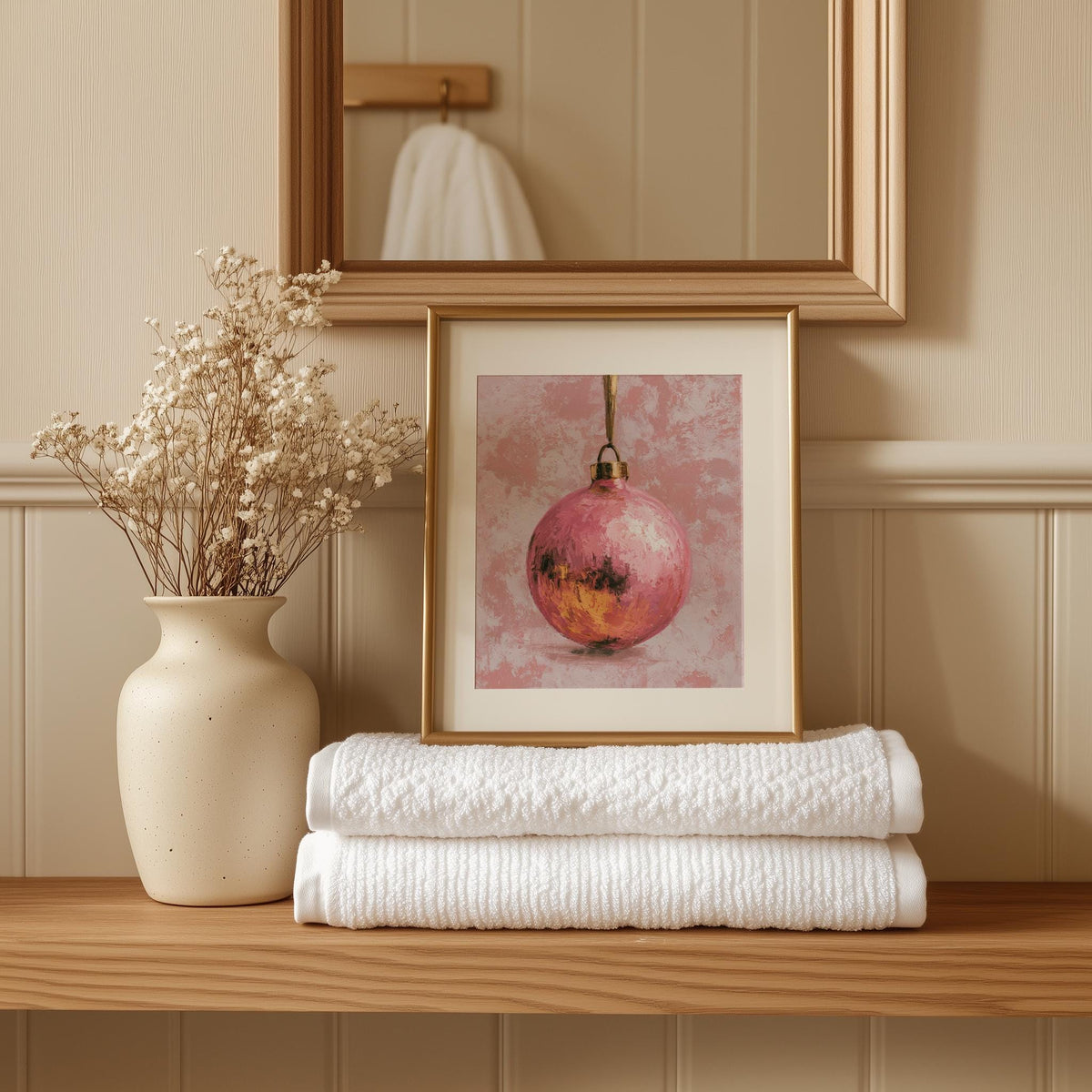 Pink Bulb Christmas art print shown in a room setting