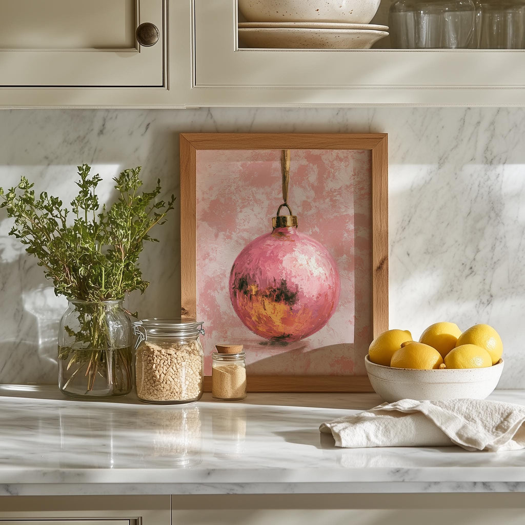 Pink Bulb Christmas art print shown in a room setting