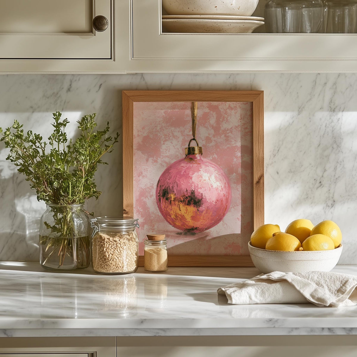 Pink Bulb Christmas art print shown in a room setting