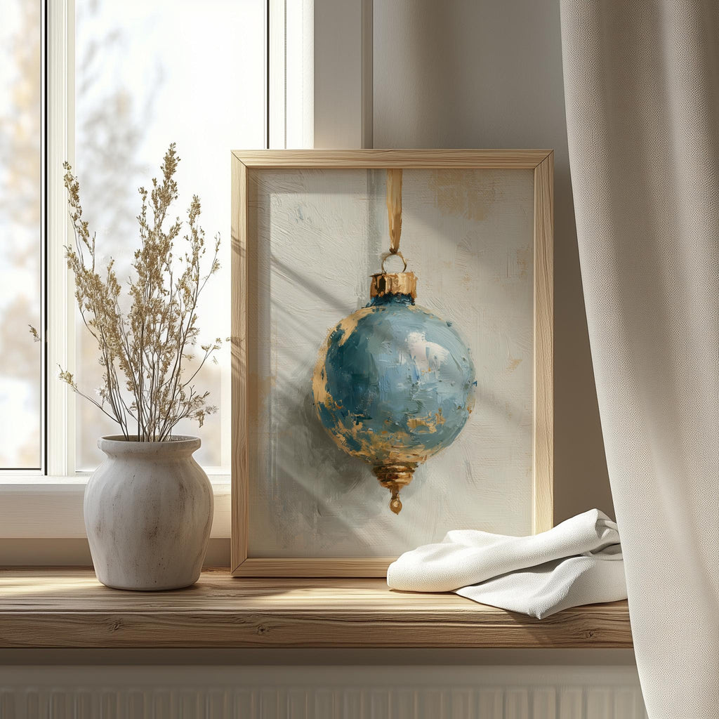 Dusty Blue Bulb Christmas art print shown in a room setting