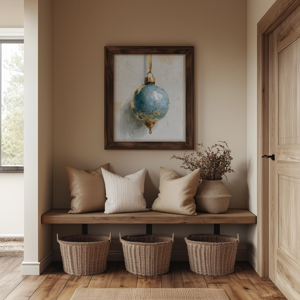 Dusty Blue Bulb Christmas art print shown in a room setting