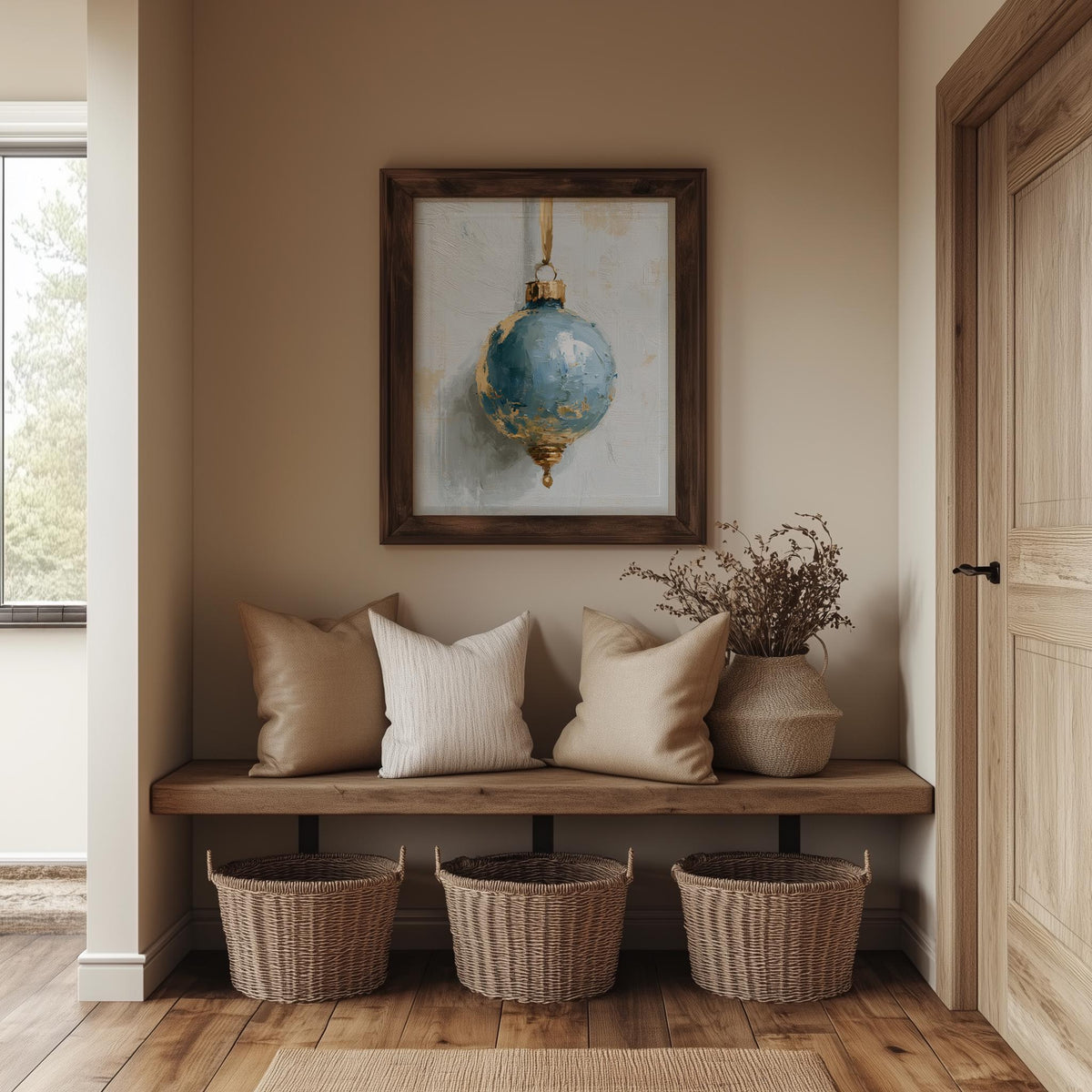 Dusty Blue Bulb Christmas art print shown in a room setting