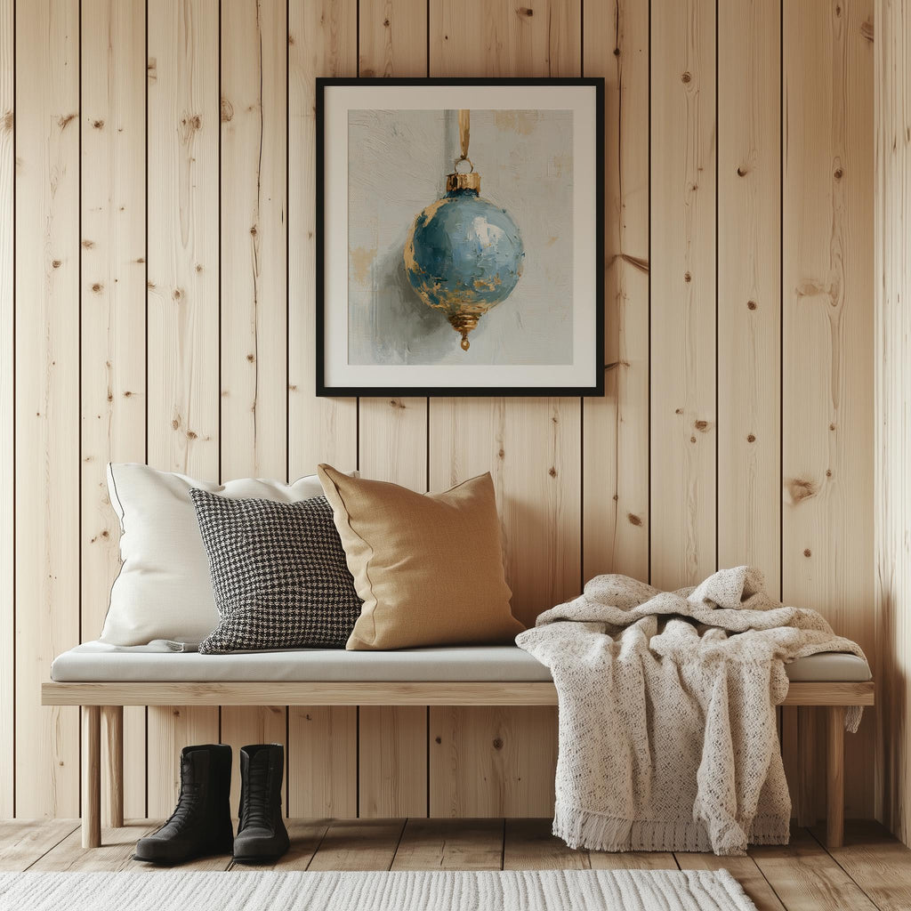 Dusty Blue Bulb Christmas art print shown in a room setting