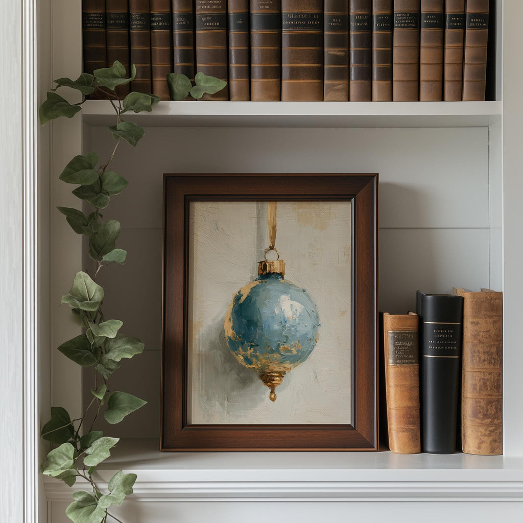 Dusty Blue Bulb Christmas art print shown in a room setting
