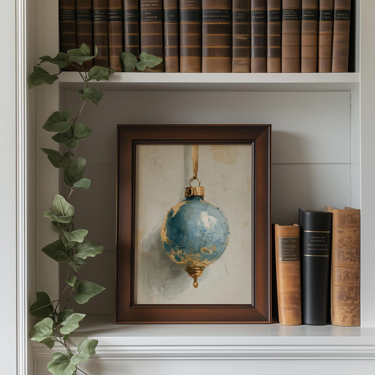 Dusty Blue Bulb Christmas art print shown in a room setting