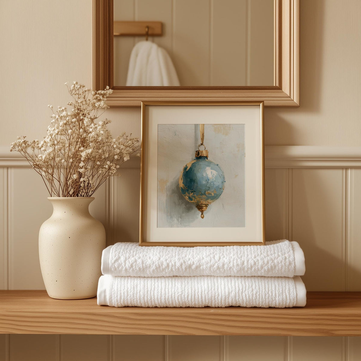 Dusty Blue Bulb Christmas art print shown in a room setting