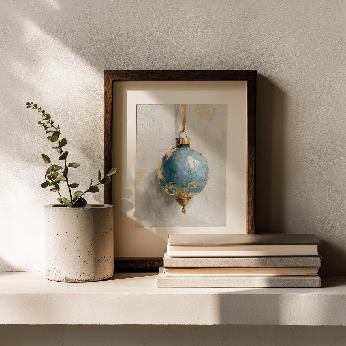 Dusty Blue Bulb Christmas art print shown in a room setting