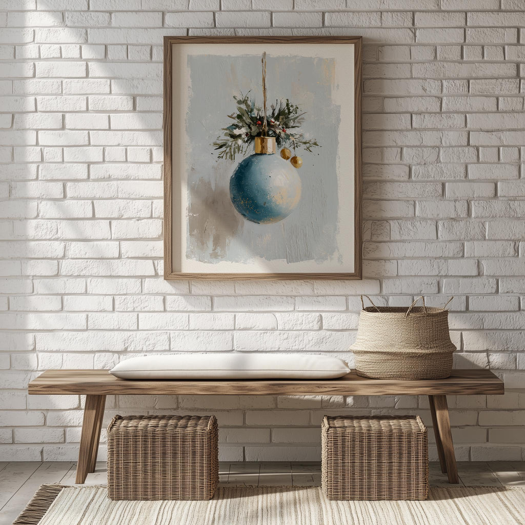 Blue Bulb Christmas art print shown in a room setting