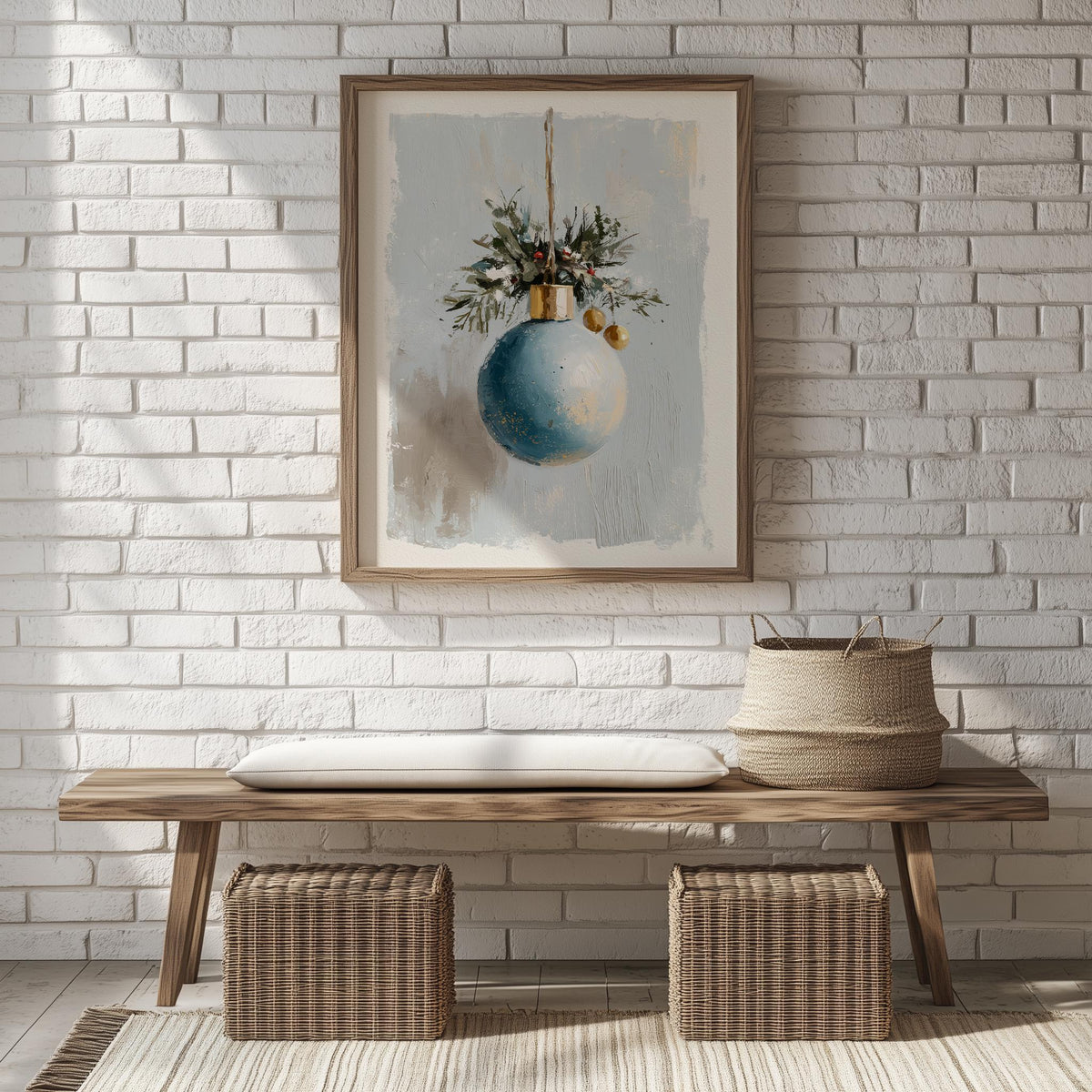 Blue Bulb Christmas art print shown in a room setting
