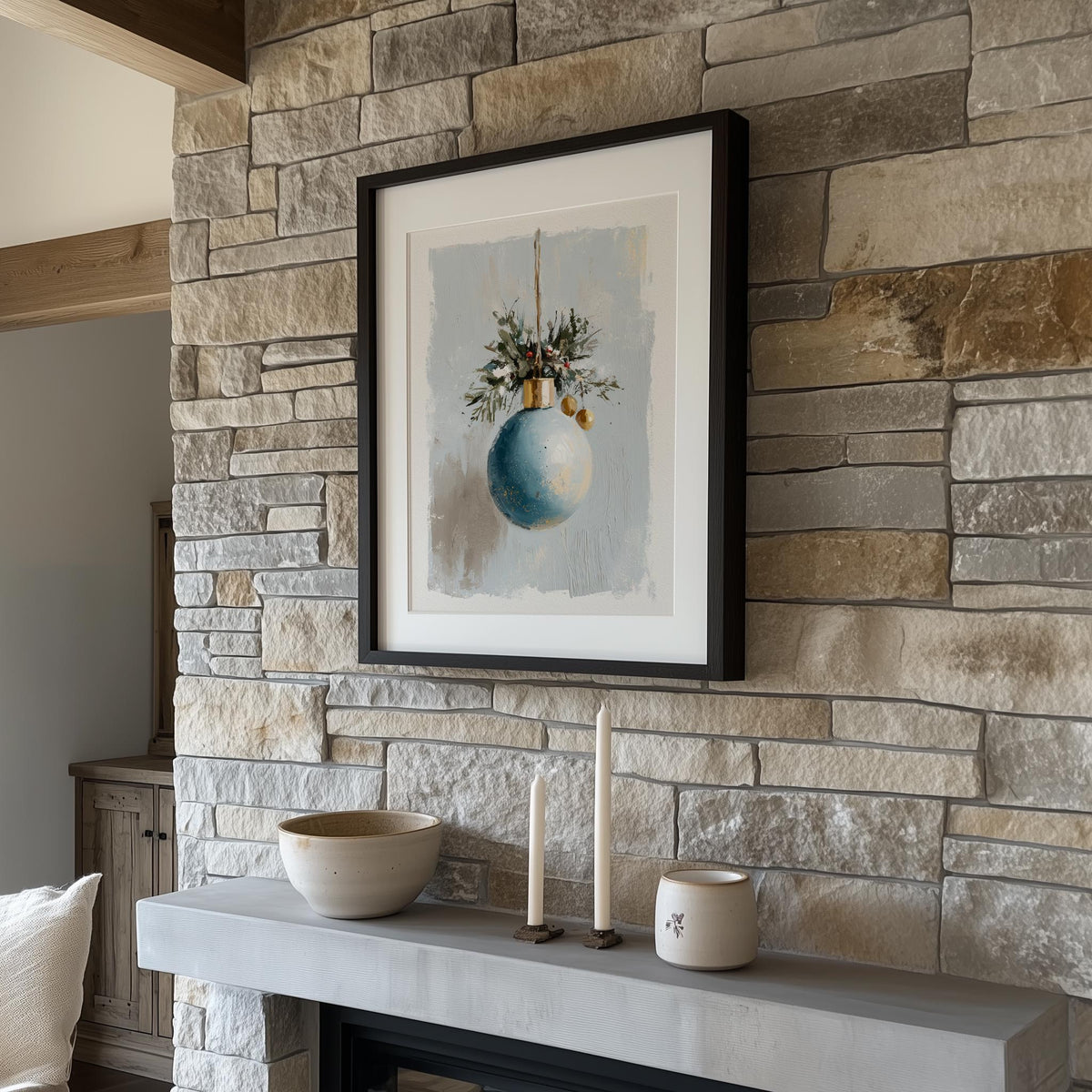 Blue Bulb Christmas art print shown in a room setting